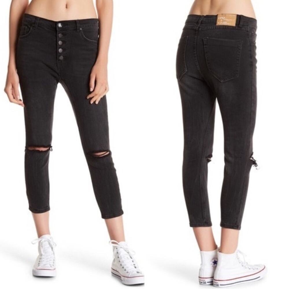 One Teaspoon 26 Westwood Lowrider Distressed Black Crop Skinny Jeans Button Fly